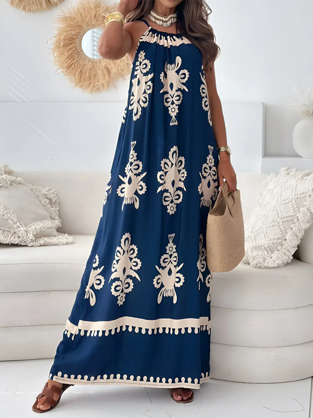 Printed Spaghetti Strap Sleeveless Maxi Dress - Velora