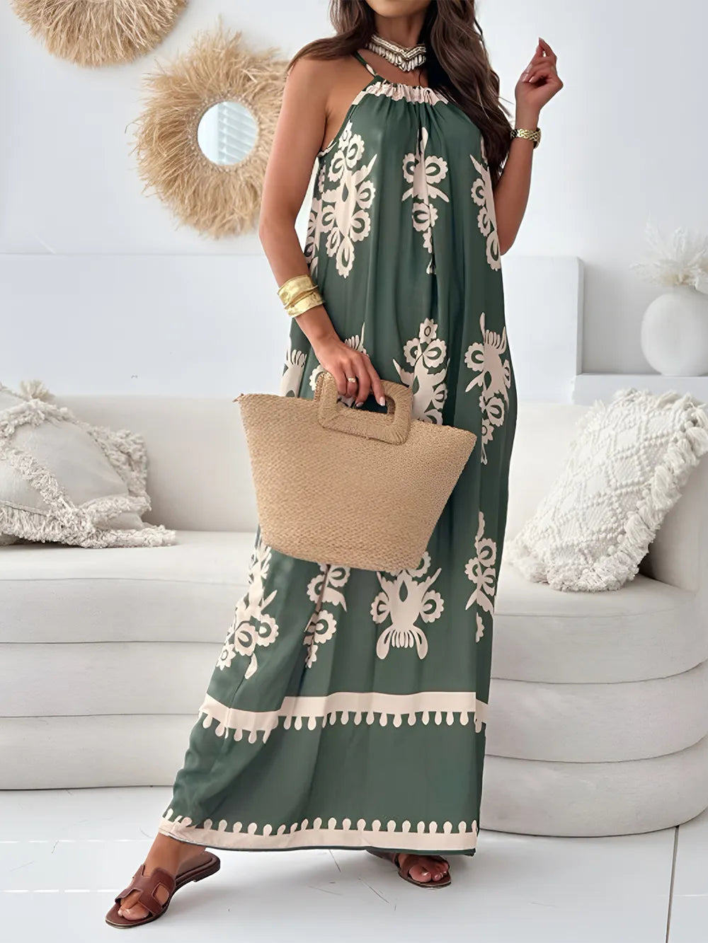 Printed Spaghetti Strap Sleeveless Maxi Dress - Velora