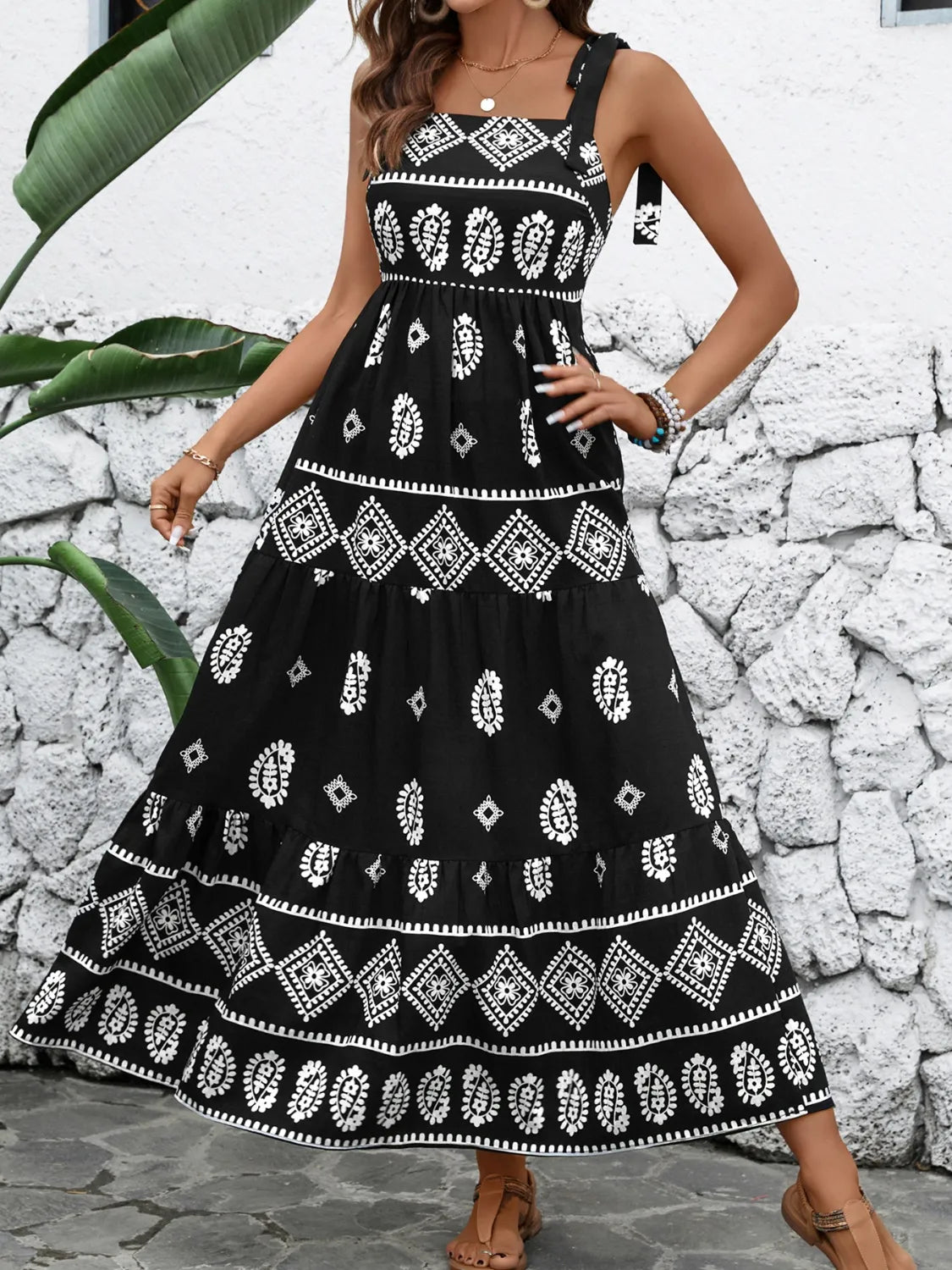 Printed Square Neck Maxi Cami Dress - Velora Luxury Fashion