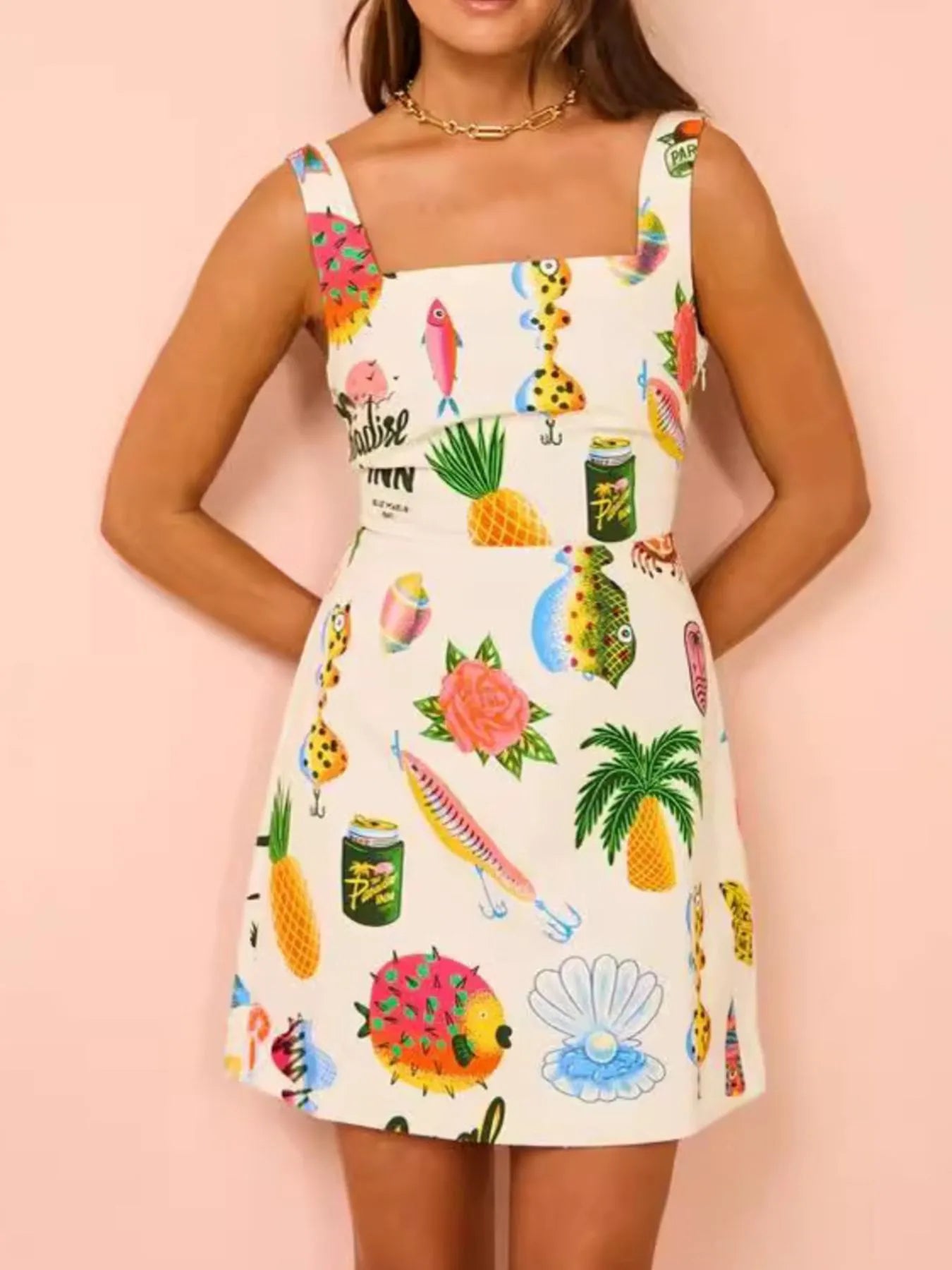 Printed Square Neck Summer Mini Dress - Velora Luxury Fashion