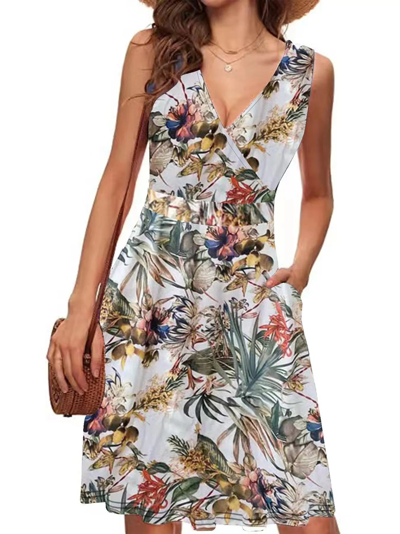 Printed Surplice Sleeveless Dress - Velora Luxury Fashion