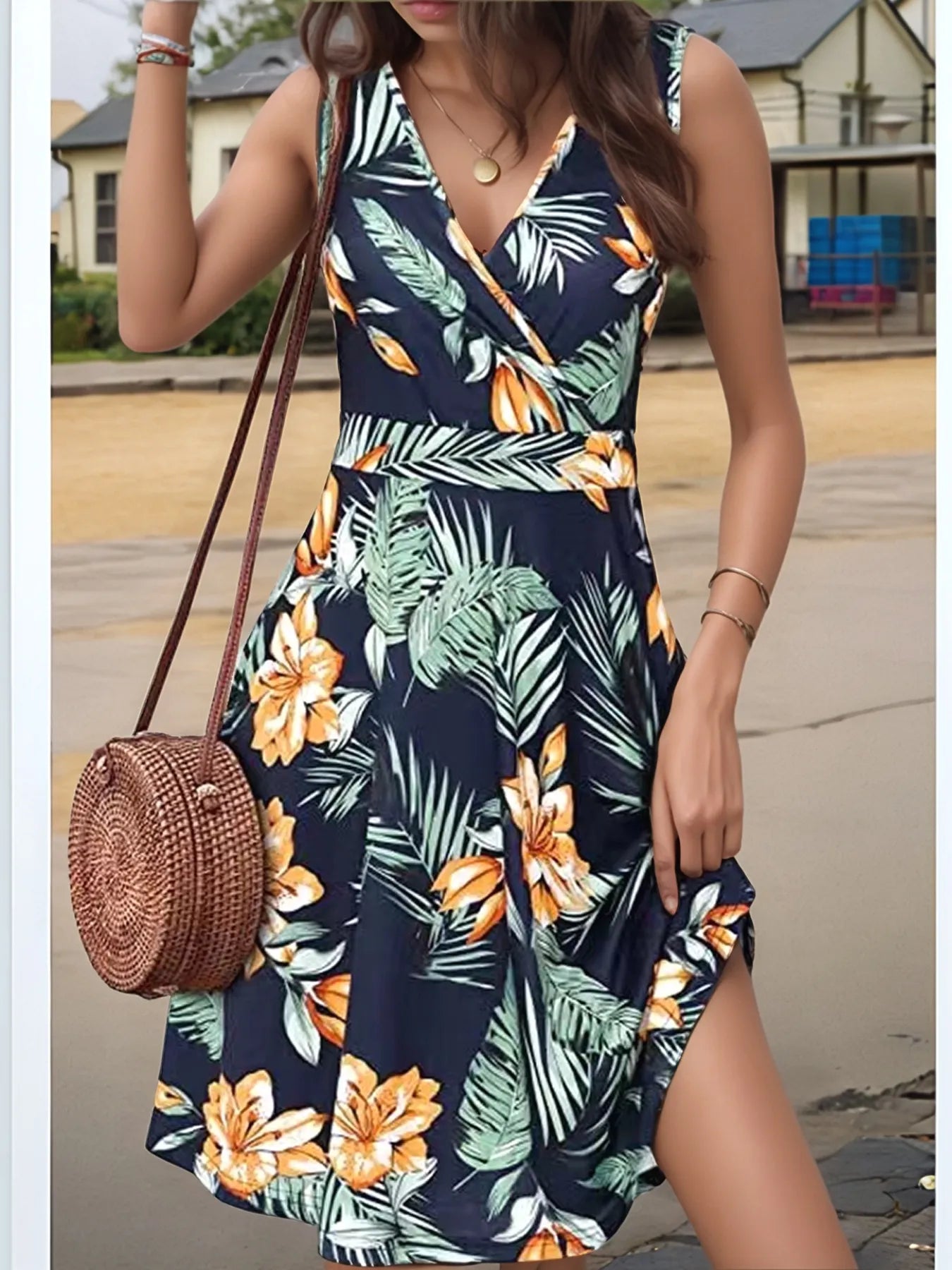 Printed Surplice Sleeveless Dress - Velora Luxury Fashion