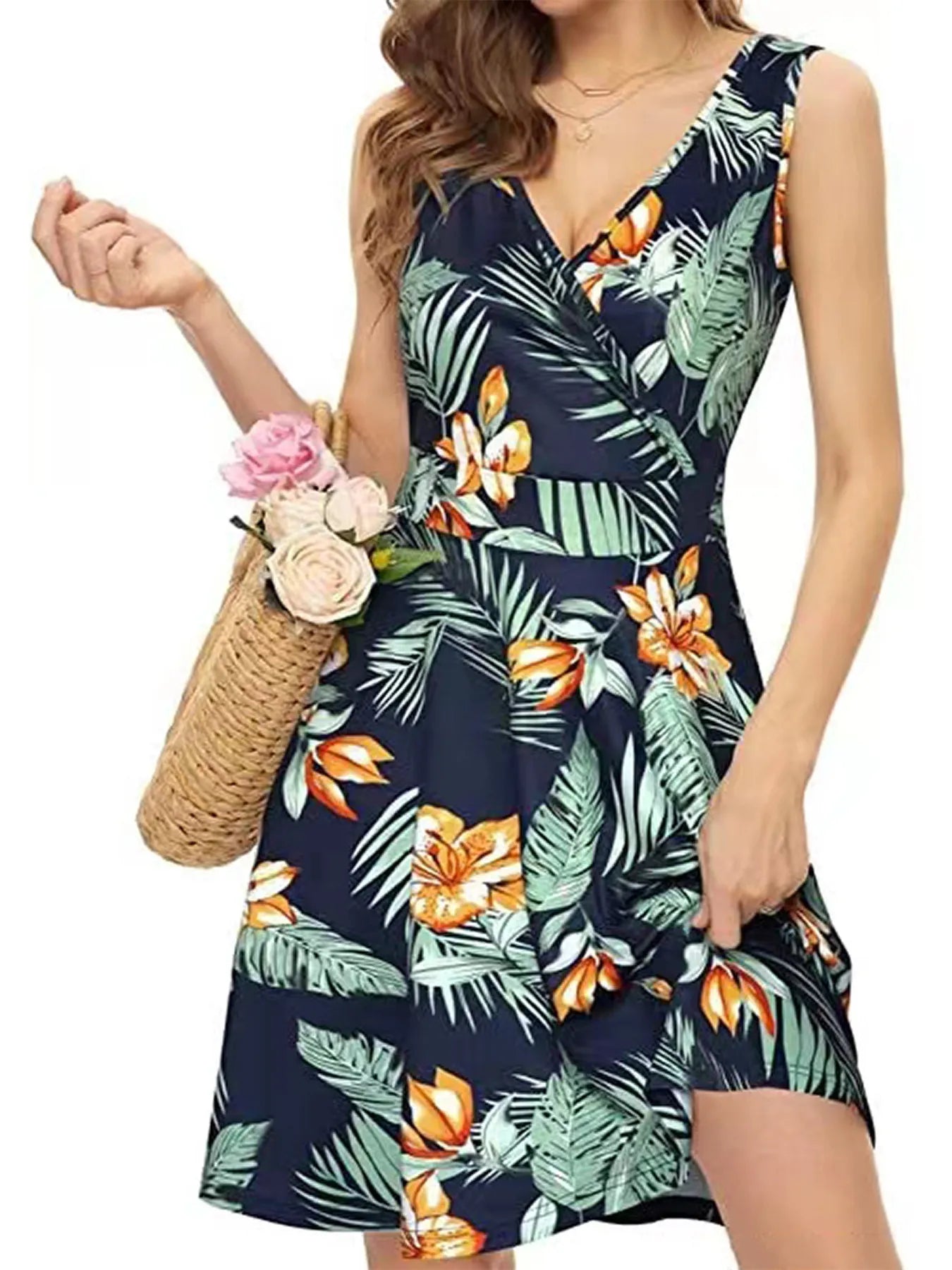 Printed Surplice Sleeveless Dress - Velora Luxury Fashion