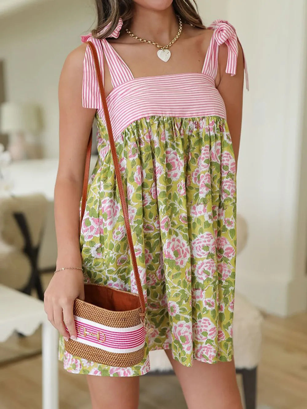 Printed Tie Shoulder Mini Cami Dress - Velora Luxury Fashion