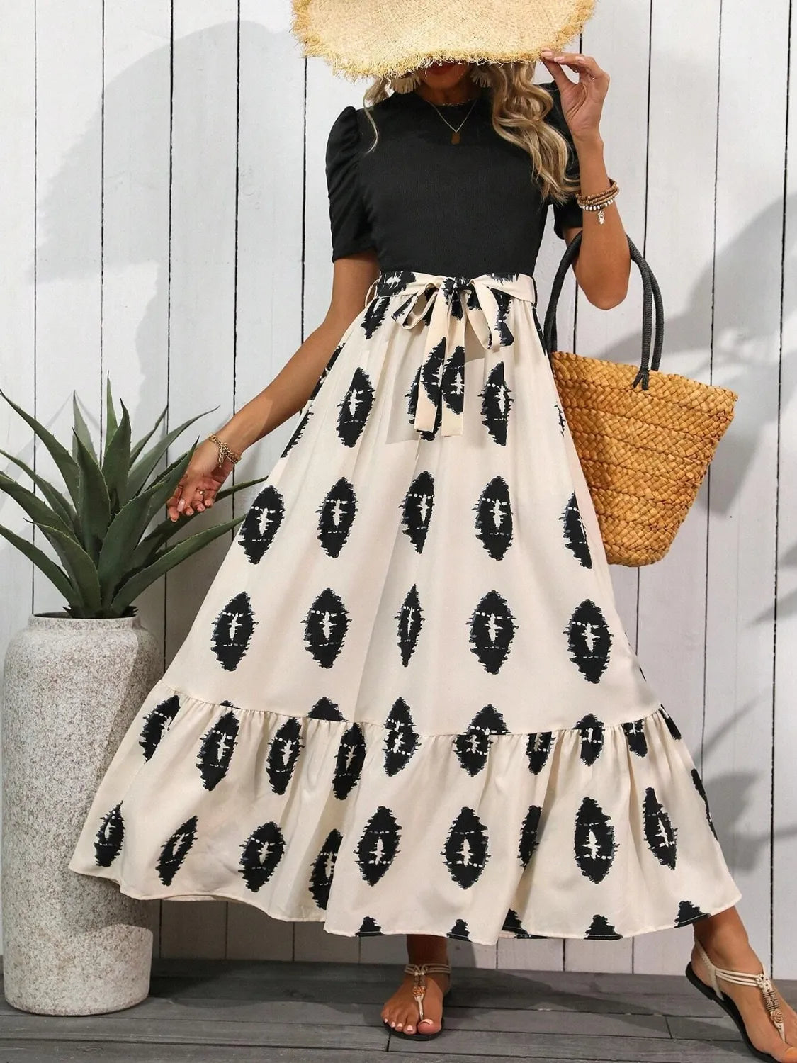 Printed Tie Waist Short Sleeve Maxi Dress - Velora