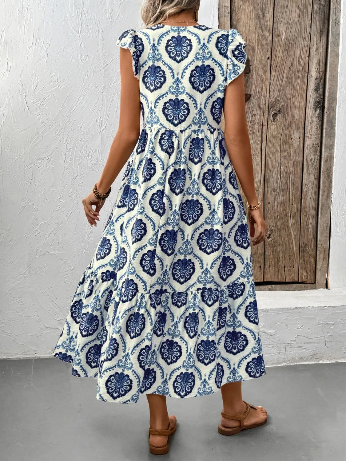 Printed V-Neck Cap Sleeve Dress - Velora Luxury Fashion