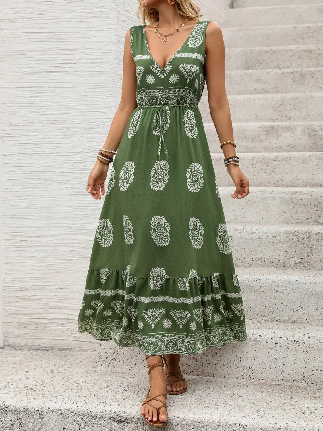 Printed V-Neck Sleeveless Dress - Velora Luxury Fashion