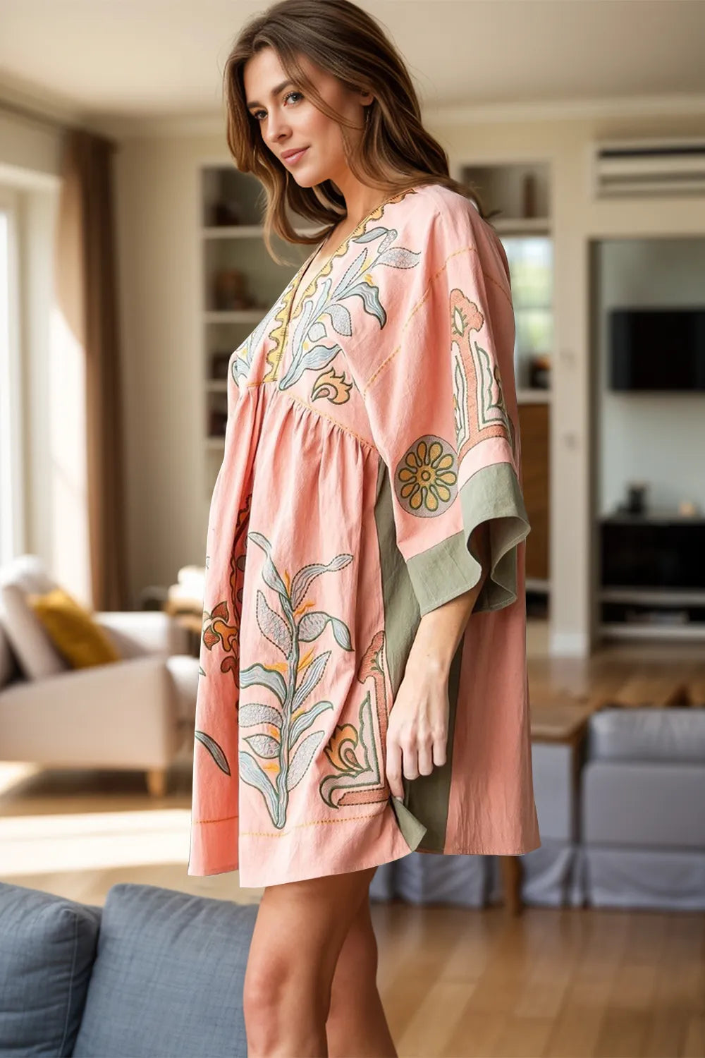 Printed V-Neck Three-Quarter Sleeve Mini Dress - Velora Luxury Fashion