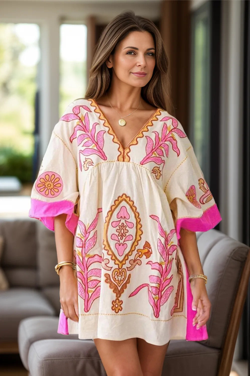 Printed V-Neck Three-Quarter Sleeve Mini Dress - Velora Luxury Fashion