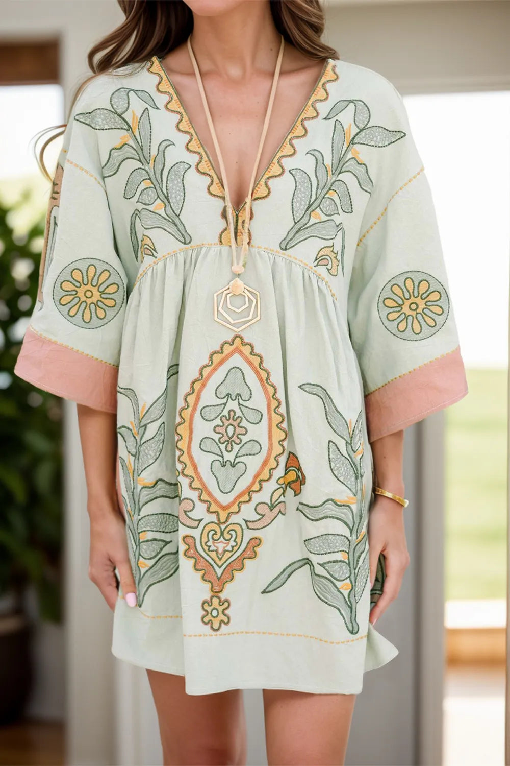 Printed V-Neck Three-Quarter Sleeve Mini Dress - Velora Luxury Fashion