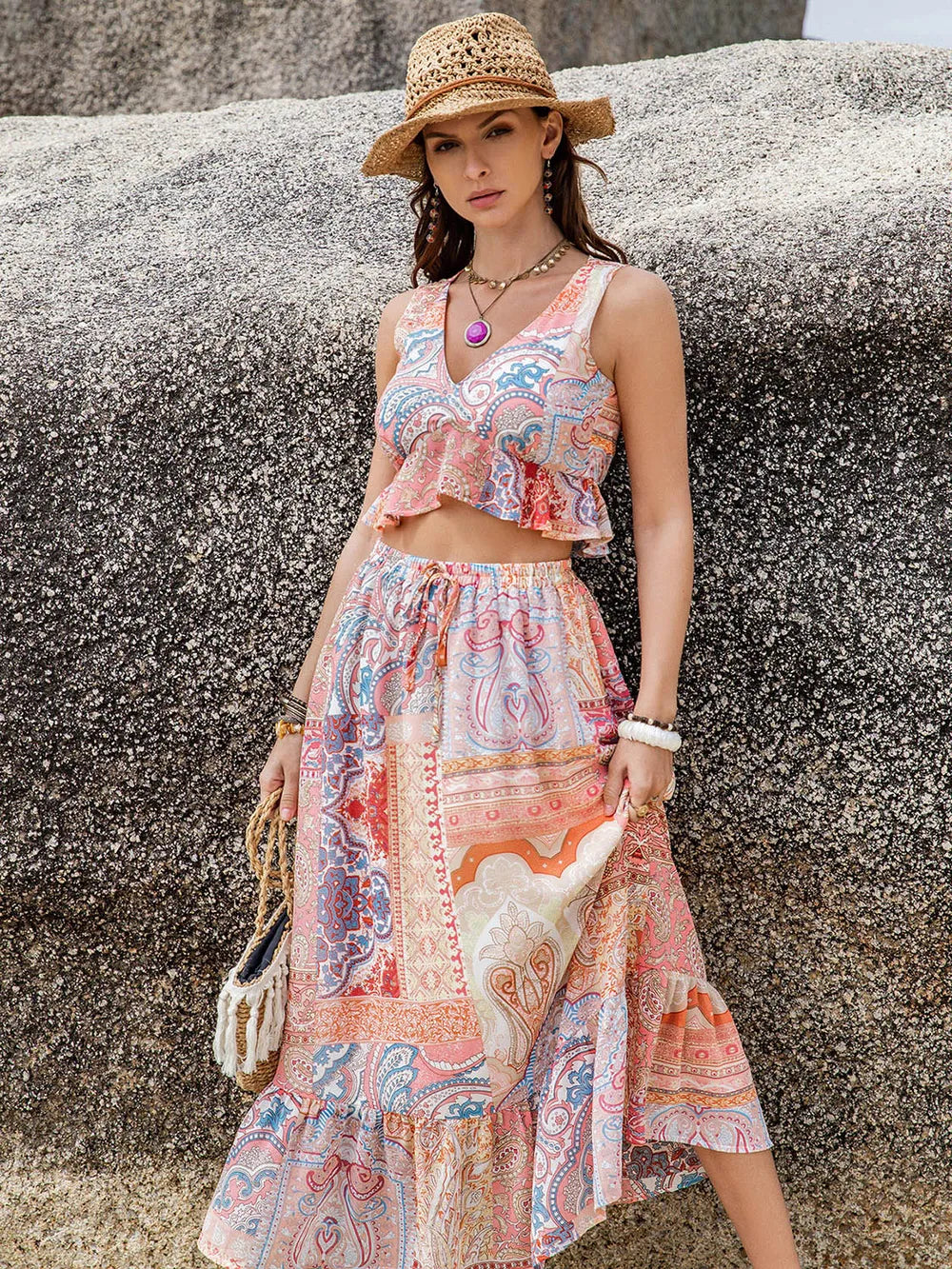 Printed V-Neck Top and Midi Skirt Set - Velora Luxury Fashion