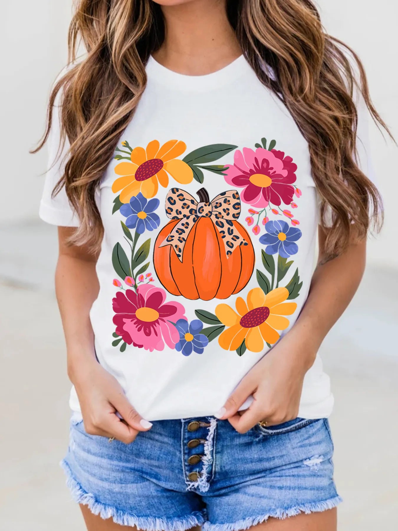 Pumpkin Floral Graphic Round Neck T-Shirt - Velora Luxury Fashion