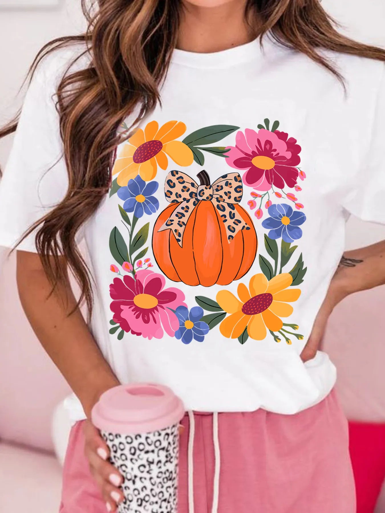 Pumpkin Floral Graphic Round Neck T-Shirt - Velora Luxury Fashion