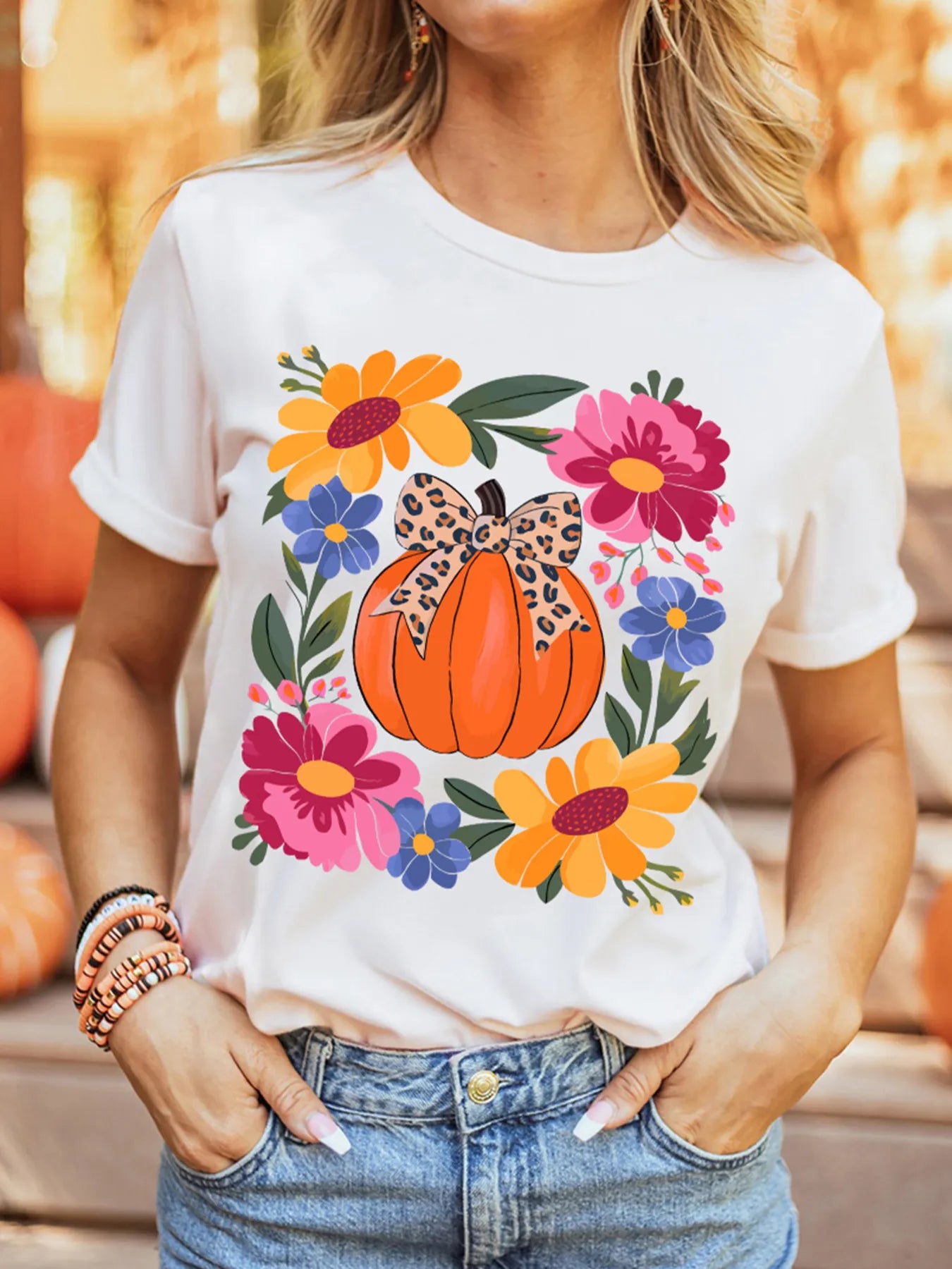 Pumpkin Floral Graphic Round Neck T-Shirt - Velora Luxury Fashion