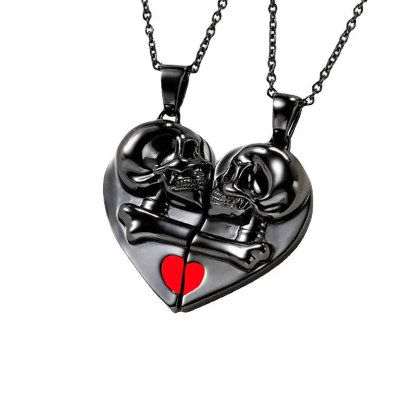 Punk Retro Skull Pendant Halloween Necklace Heart-shaped Magnetic Stitching Love Skull Couple Necklace - Velora