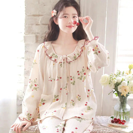 Pure Cotton Gauze Pajamas For Women Sweet And Fresh  Long Sleeves With Chest Pads EX-STOCK Canada
