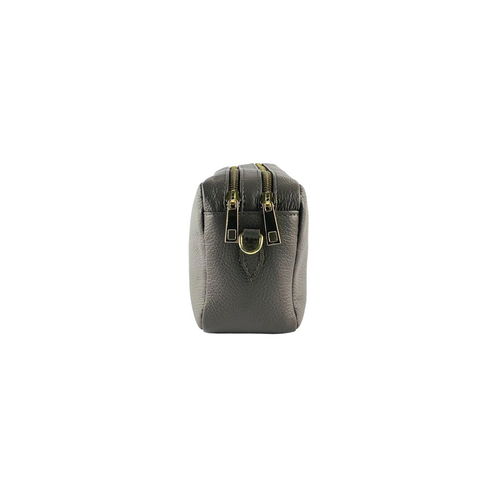 RB1008AQ | Tracollina Donna Doppia Lampo in Vera Pelle Made in Italy. Tracolla removibile. Attacchi con moschettoni in metallo Oro Lucido - Colore Taupe - Dimensioni: cm 20 x 15 x 9 - Velora Luxury Fashion