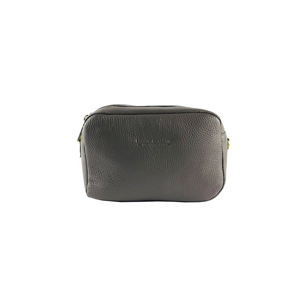 RB1008AQ | Tracollina Donna Doppia Lampo in Vera Pelle Made in Italy. Tracolla removibile. Attacchi con moschettoni in metallo Oro Lucido - Colore Taupe - Dimensioni: cm 20 x 15 x 9 - Velora Luxury Fashion