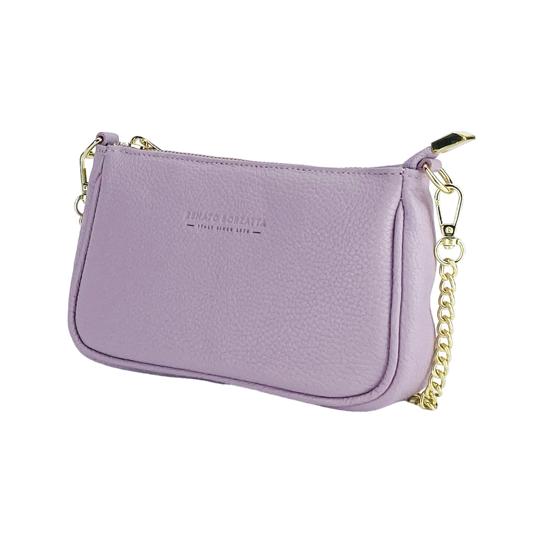 RB1022CI | Borsa Piccola in Vera Pelle Made in Italy con Tracolla a catena removibile. Chiusura con lampo e Accessori in metallo Oro Lucido - Colore Lilla - Dimensioni: cm 20 x 12 x 6 - Velora Luxury Fashion