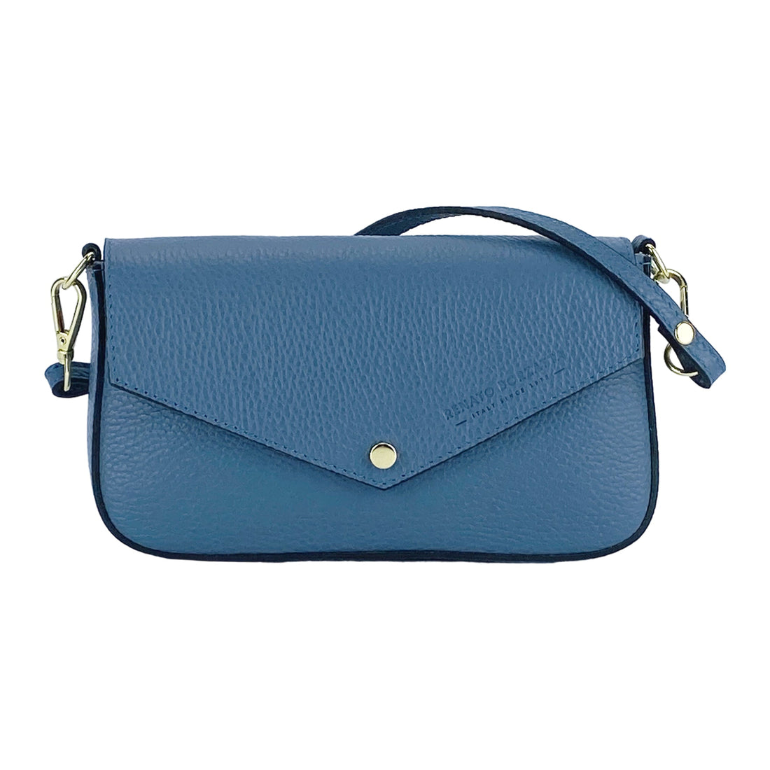 RB1023P | Borsa piccola a Spalla con Tracolla a catena removibile in Vera Pelle Made in Italy. Pattina di Chiusura. Accessori in metallo Oro Lucido - Colore Avio - Dimensioni: cm 22 x 12 x 3 - Velora Luxury Fashion