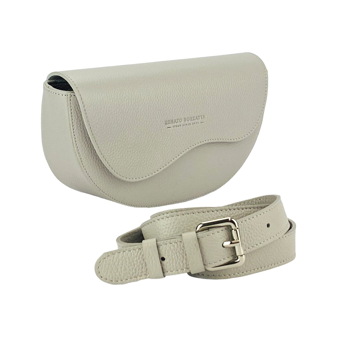 RB1027BO  | Borsa Donna a Bandoliera stondata in Vera Pelle Made in Italy. Tracolla removibile e regolabile in pelle. Accessori Nickel Lucido - Colore Ghiaccio - Dimensioni: cm 25 x 15 x 9 - Velora Luxury Fashion