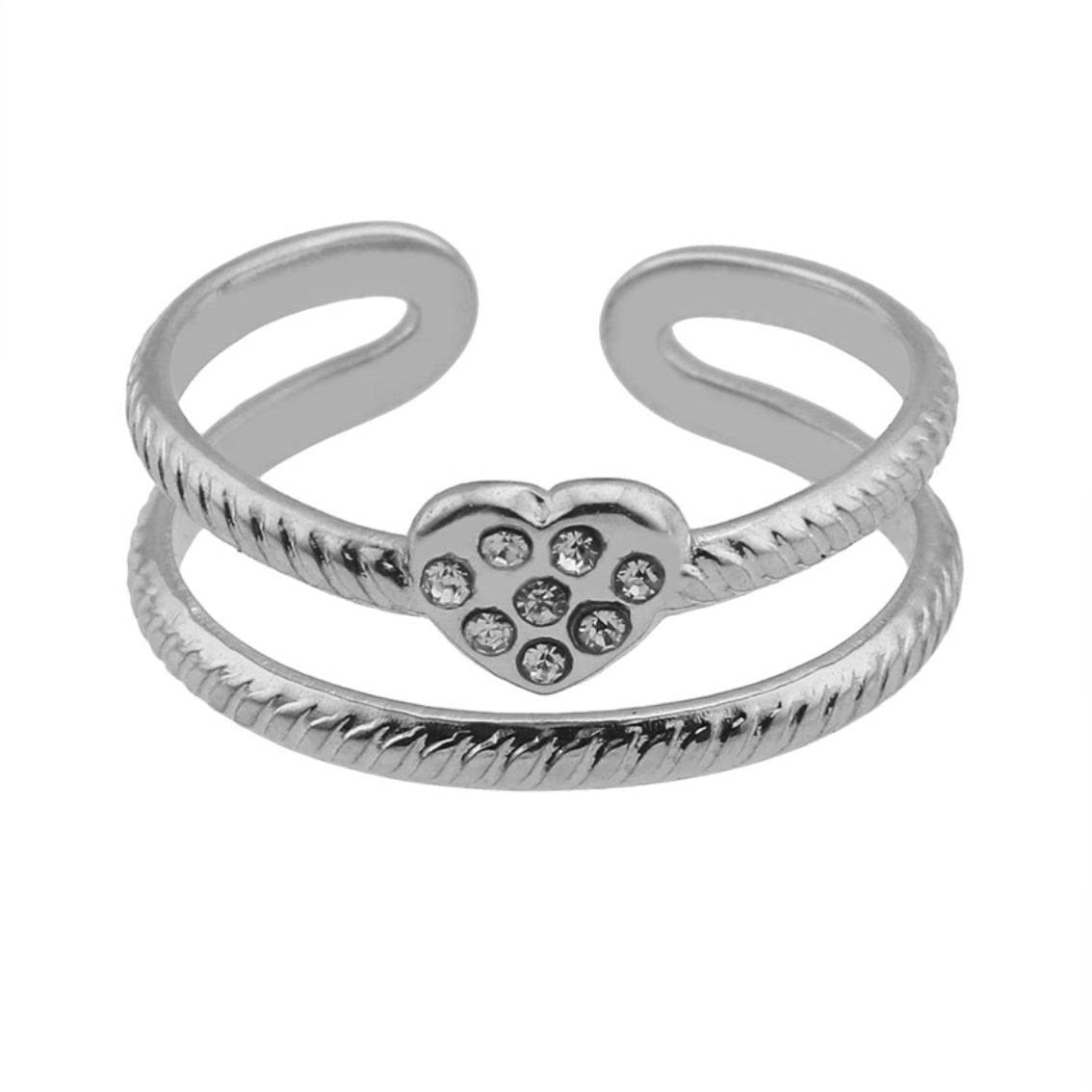 RENEE Silver Toned White Gold: Double Stacked Zirconia (CZ) Embellished Heart Ring - Velora Luxury Fashion