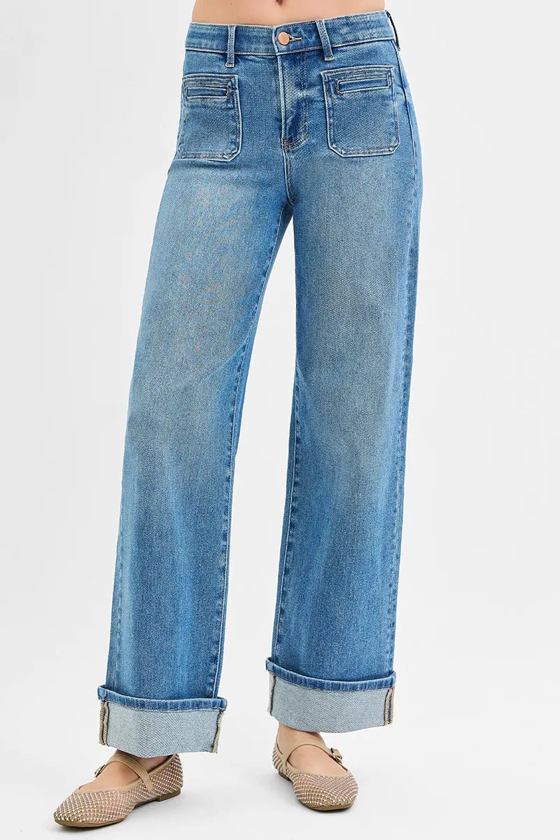 RISEN Full Size Elastic Band Mid Rise Wide Front Patch Pocket Cuff Jeans Plus Size - Velora Luxury Fashion