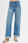 RISEN Full Size Elastic Band Mid Rise Wide Front Patch Pocket Cuff Jeans Plus Size - Velora Luxury Fashion