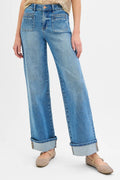 RISEN Full Size Elastic Band Mid Rise Wide Front Patch Pocket Cuff Jeans Plus Size - Velora Luxury Fashion