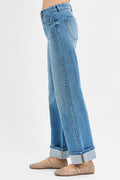 RISEN Full Size Elastic Band Mid Rise Wide Front Patch Pocket Cuff Jeans Plus Size - Velora Luxury Fashion