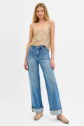 RISEN Full Size Elastic Band Mid Rise Wide Front Patch Pocket Cuff Jeans Plus Size - Velora Luxury Fashion