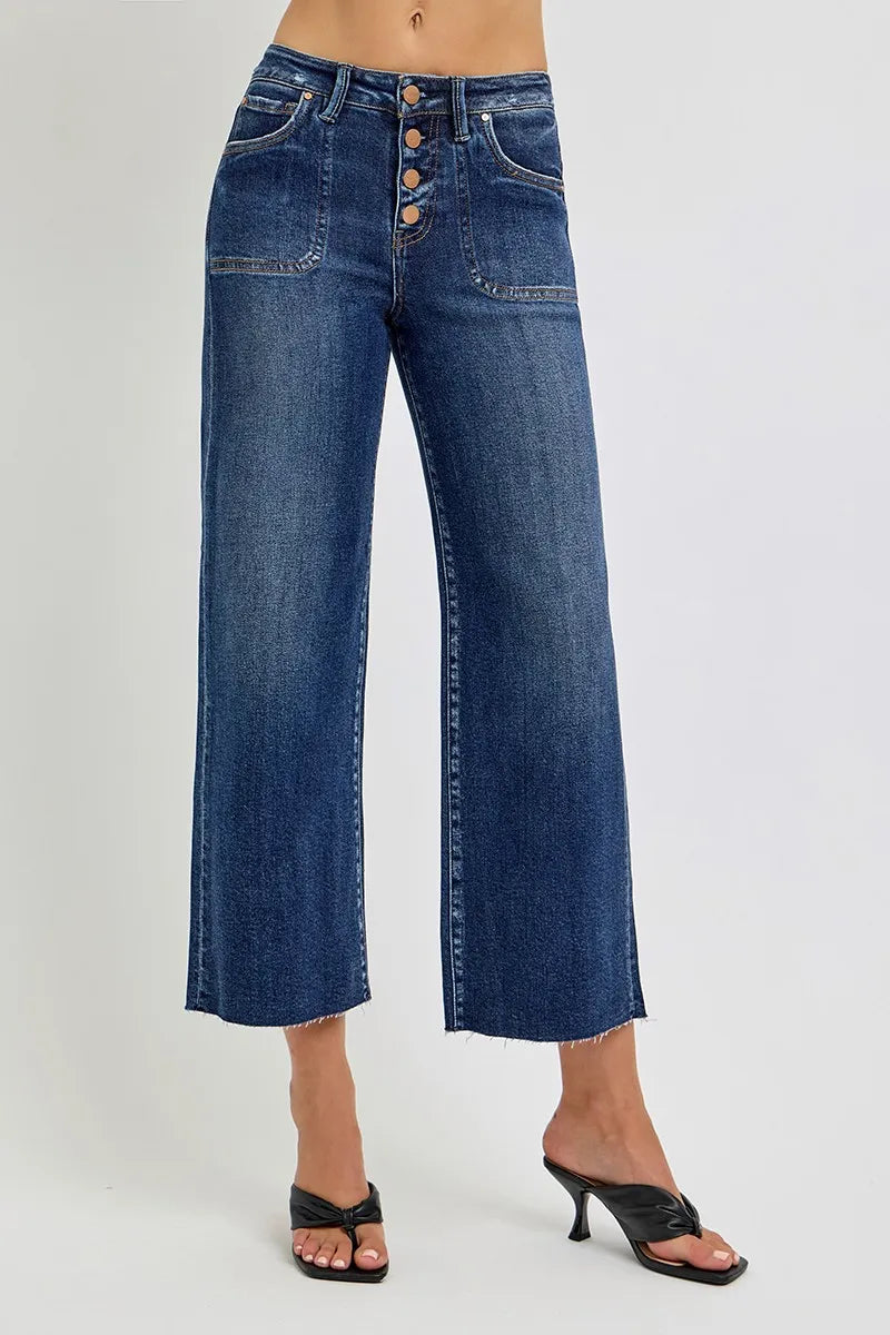 RISEN Full Size High Rise Crop Wide Button Up Jeans Plus Size - Velora Luxury Fashion