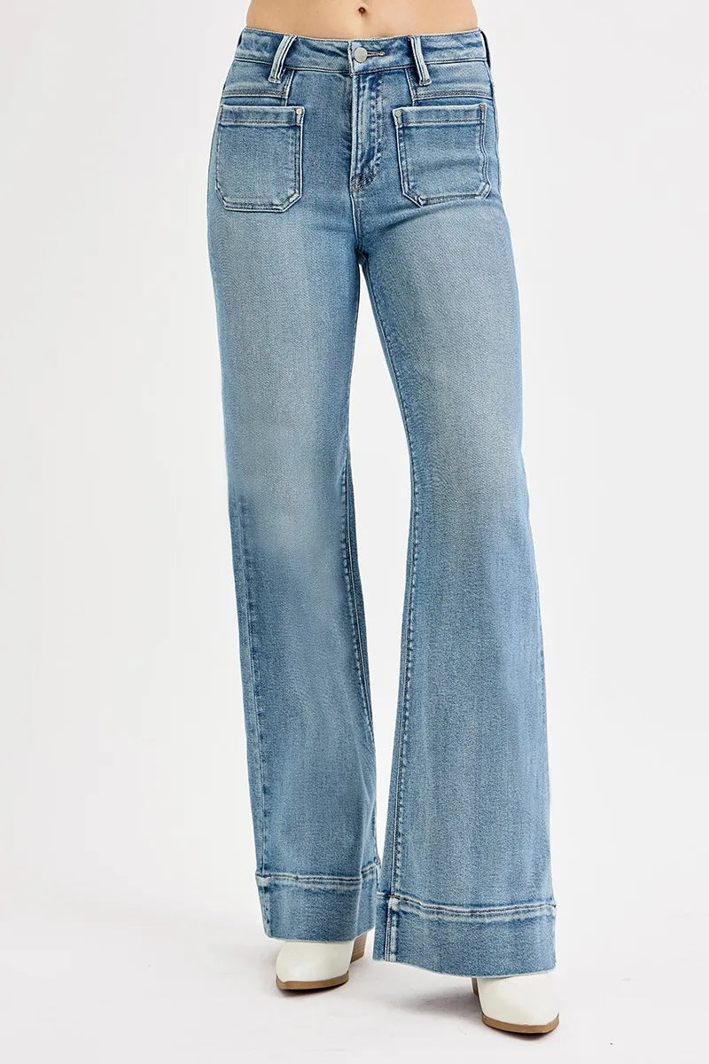 RISEN Full Size High Rise Wide Flare Patch Pocket Jeans Plus Size - Velora Luxury Fashion