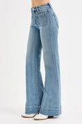 RISEN Full Size High Rise Wide Flare Patch Pocket Jeans Plus Size - Velora Luxury Fashion