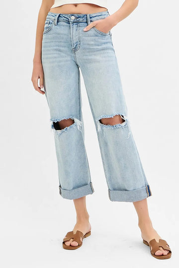 RISEN Full Size Mid Rise Fit Boyfriend Jeans with Cuff Plus Size - Velora Luxury Fashion
