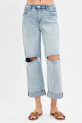 RISEN Full Size Mid Rise Fit Boyfriend Jeans with Cuff Plus Size - Velora Luxury Fashion