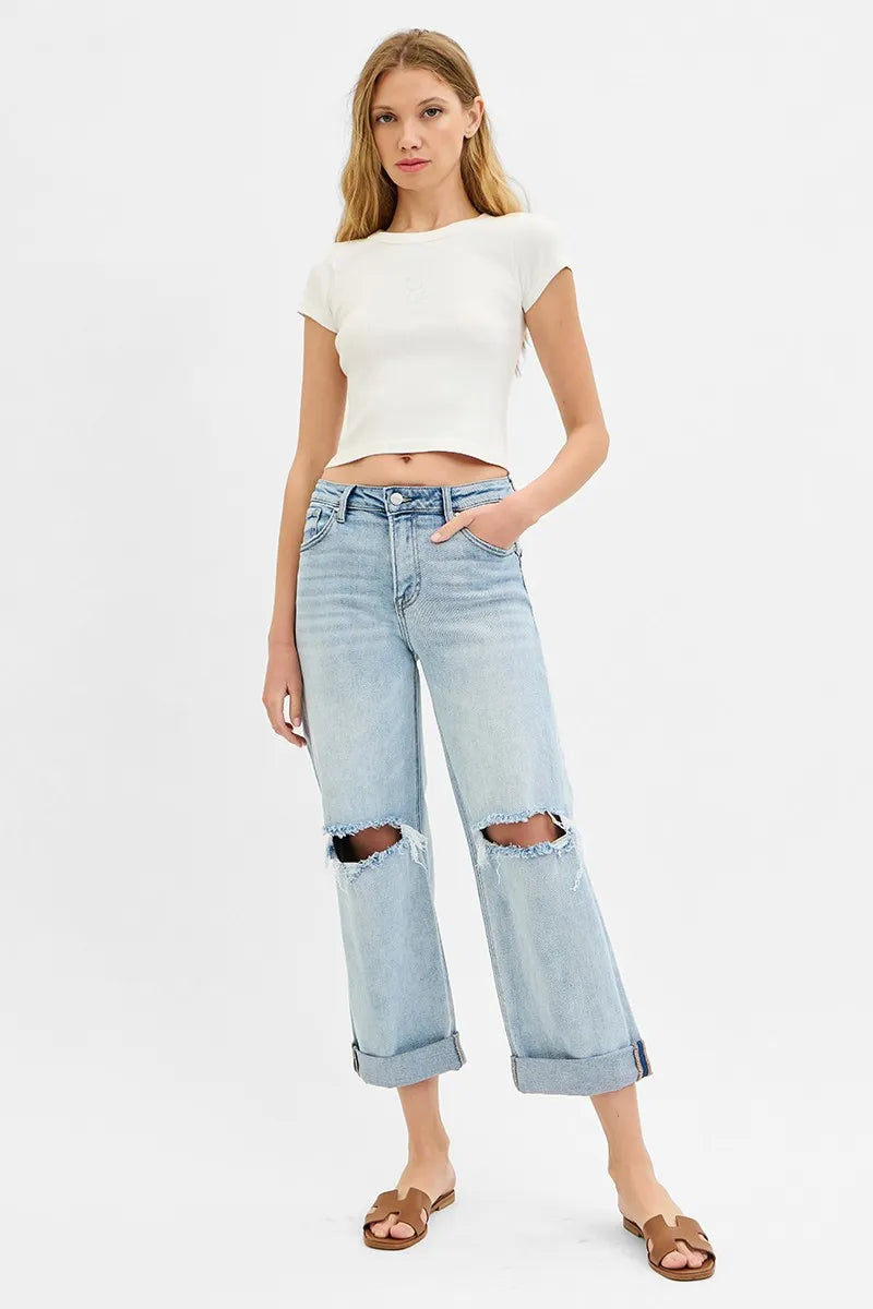 RISEN Full Size Mid Rise Fit Boyfriend Jeans with Cuff Plus Size - Velora Luxury Fashion