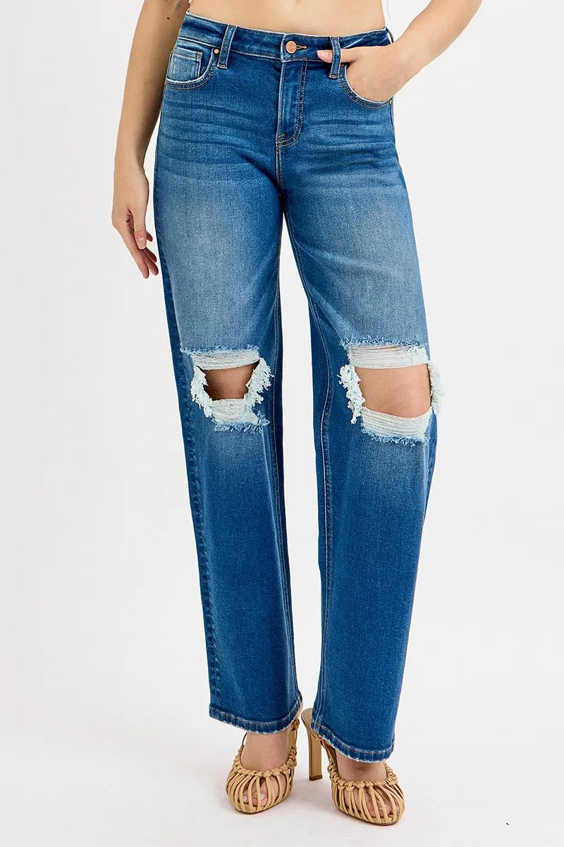 RISEN Full Size Mid Waist Fit Boyfriend Knee Distressed Jeans Plus Size - Velora Luxury Fashion