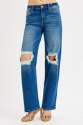 RISEN Full Size Mid Waist Fit Boyfriend Knee Distressed Jeans Plus Size - Velora Luxury Fashion
