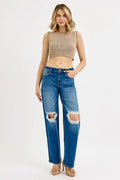 RISEN Full Size Mid Waist Fit Boyfriend Knee Distressed Jeans Plus Size - Velora Luxury Fashion