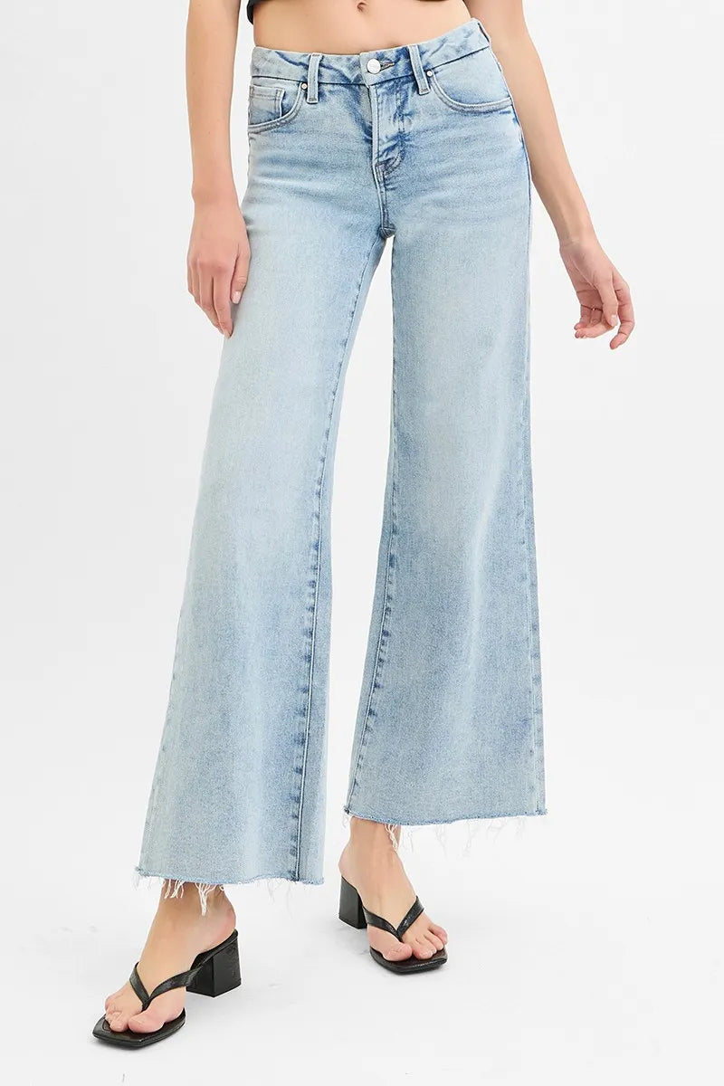 RISEN Full Size Tummy Control Low Rise Wide Leg Raw Cut Hem Jeans Plus Size - Velora Luxury Fashion
