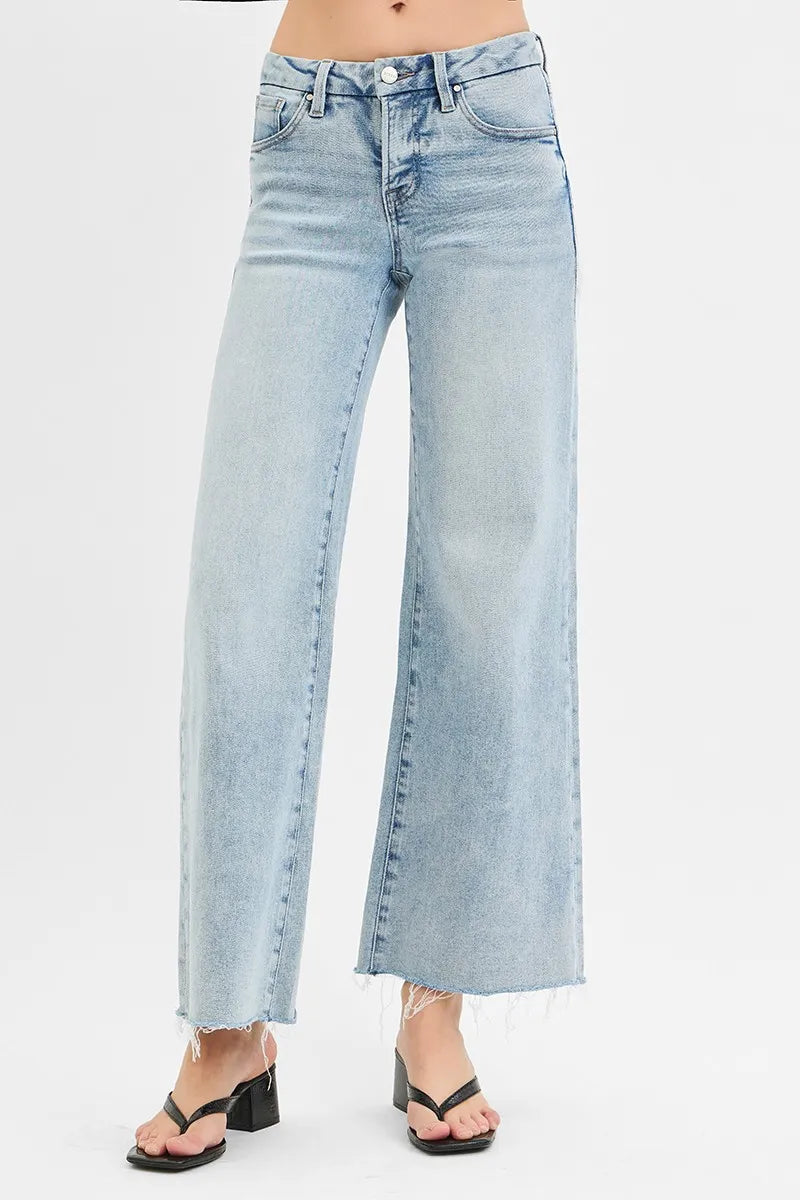 RISEN Full Size Tummy Control Low Rise Wide Leg Raw Cut Hem Jeans Plus Size - Velora Luxury Fashion
