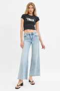 RISEN Full Size Tummy Control Low Rise Wide Leg Raw Cut Hem Jeans Plus Size - Velora Luxury Fashion