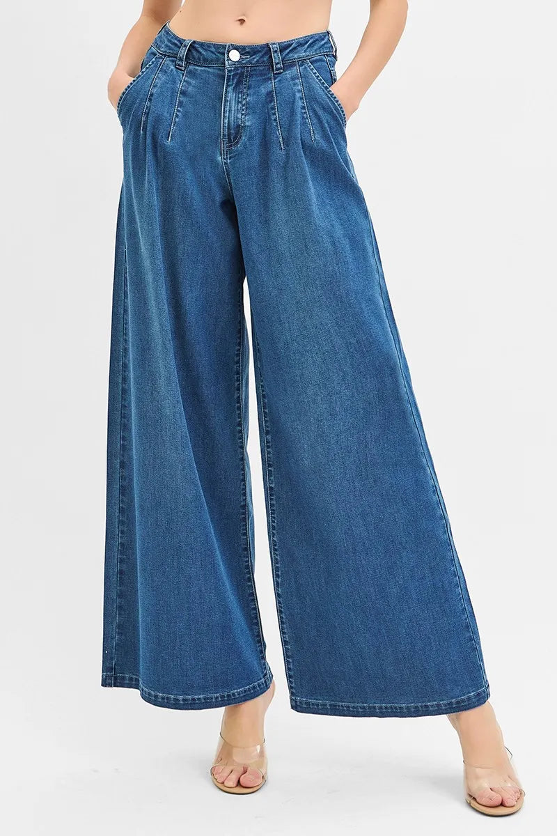 RISEN Mid Rise Fit Wide Leg Knit Denim Look Jeans - Velora Luxury Fashion