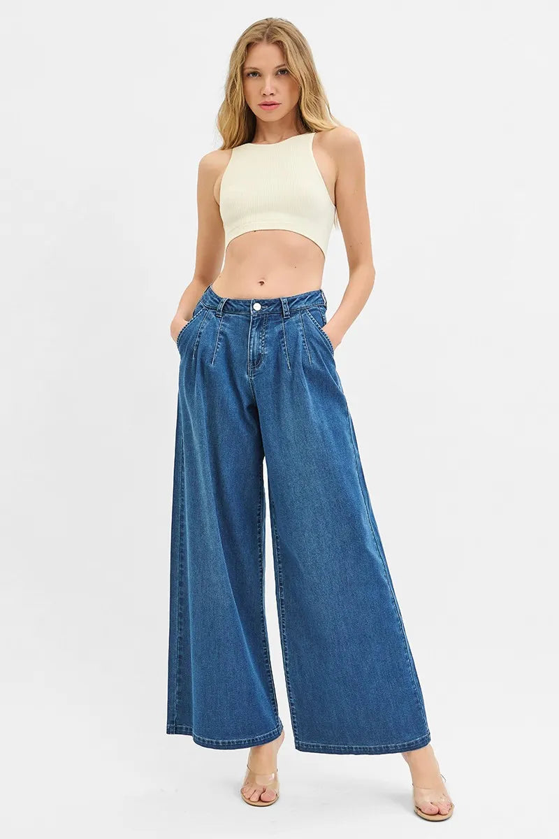 RISEN Mid Rise Fit Wide Leg Knit Denim Look Jeans - Velora Luxury Fashion
