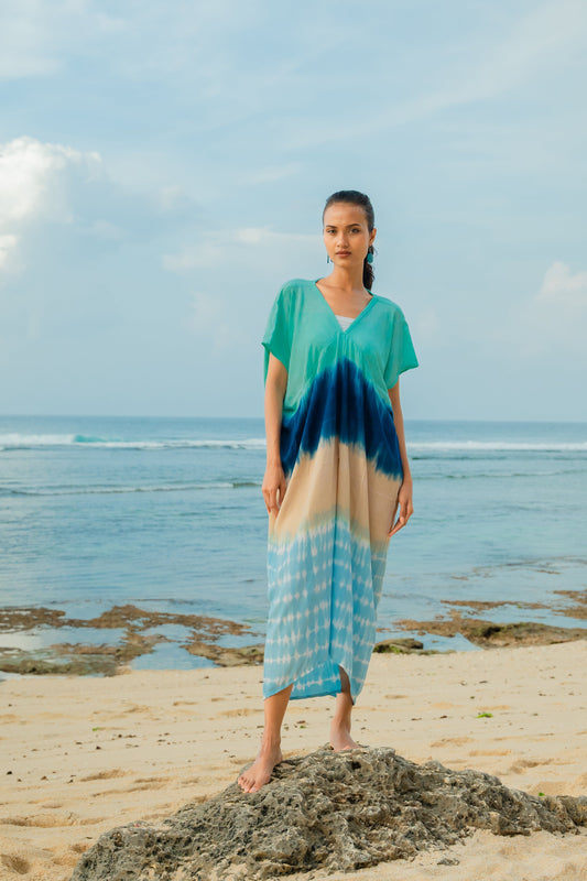 Ombre Strped Kaftan Dress - Blue & Tan