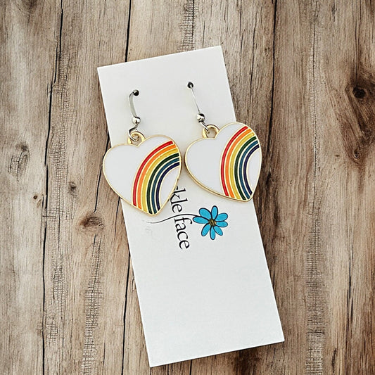 Rainbow Heart Hook Earrings – White Enamel & Multicolor Rainbow - Velora Luxury Fashion
