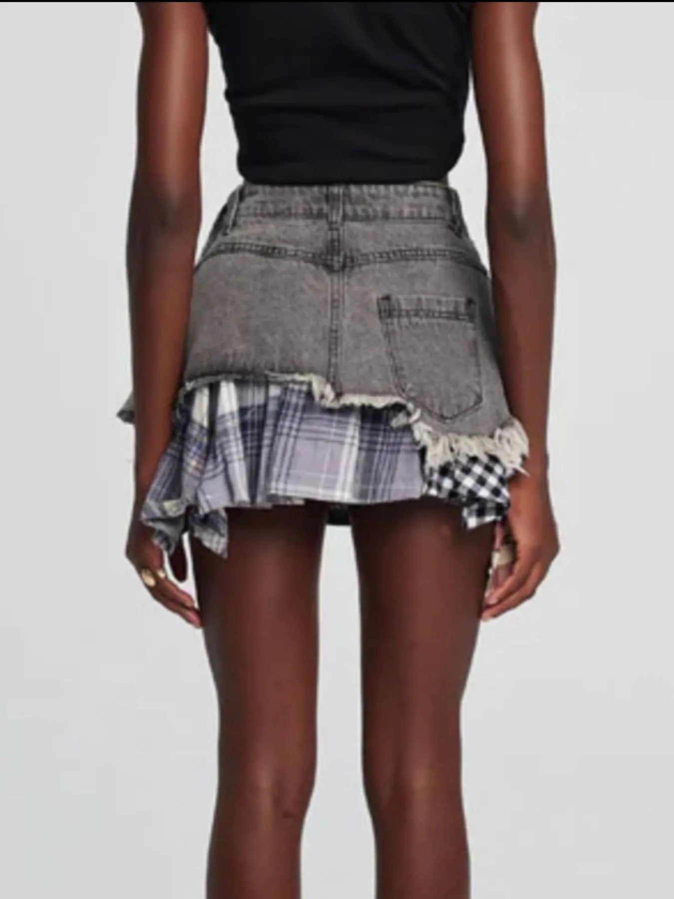 Raw Hem Denim Mini Skirt with Plaid Patch Details - Velora Luxury Fashion