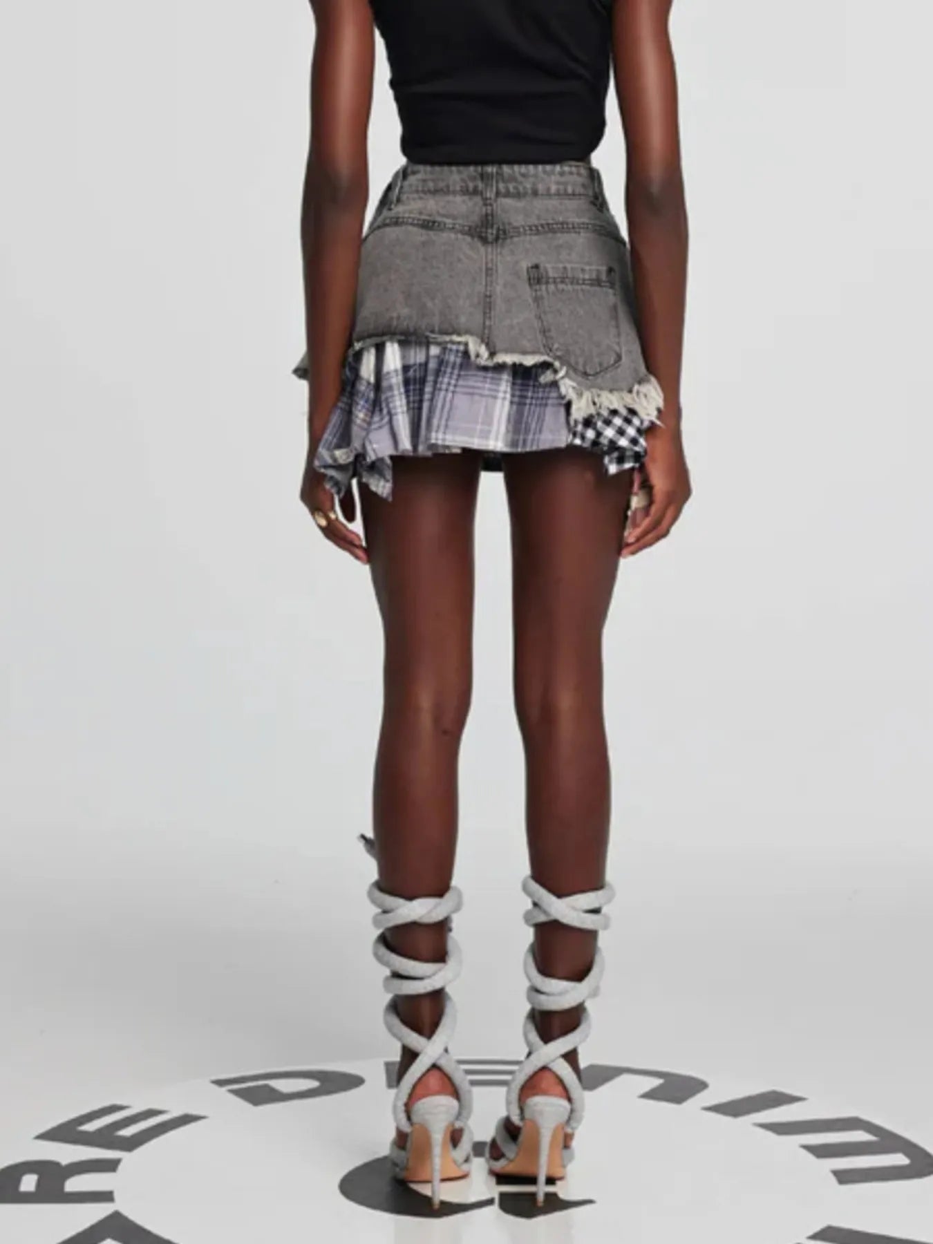 Raw Hem Denim Mini Skirt with Plaid Patch Details - Velora Luxury Fashion