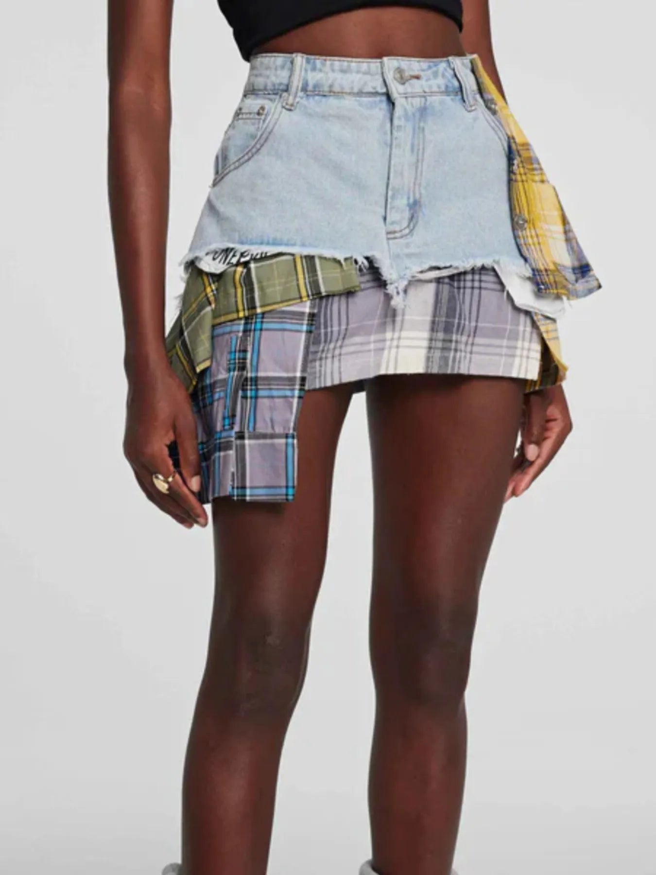 Raw Hem Denim Mini Skirt with Plaid Patch Details - Velora Luxury Fashion